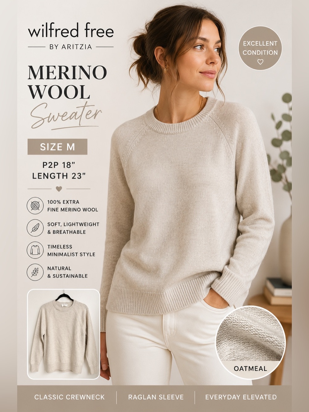 Wilfred Free Merino Wool Sweater Women’s M Oatmeal Raglan Crewneck